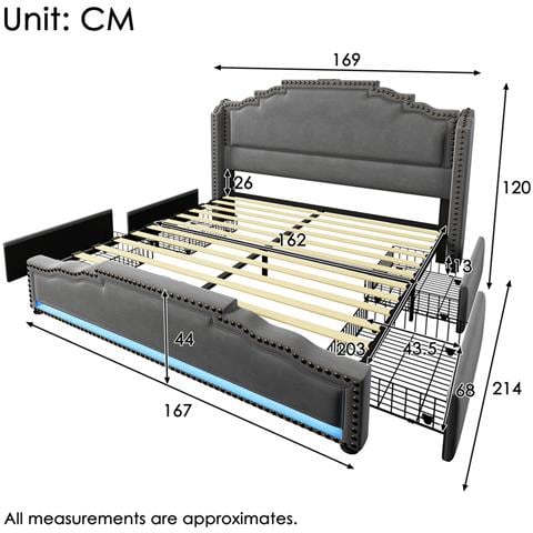 Letto Imbottito 160x200 Cm, Letto Matrimoniale Con 4 Cassetti, Illuminazione A Led E Connessione Di Ricarica Usb-c, Letto Contenitore E Lettino Con Rete A Doghe, Velluto, Grigio, Con Materasso - Foto 2