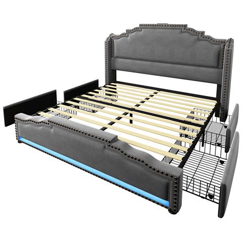 Letto Imbottito 160x200 Cm, Letto Matrimoniale Con 4 Cassetti, Illuminazione A Led E Connessione Di Ricarica Usb-c, Letto Contenitore E Lettino Con Rete A Doghe, Velluto, Grigio, Con Materasso - Foto 4