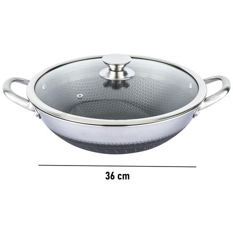 Wok 36 Cm Con Rivestimento A Nido D'ape E Coperchio Antigraffio, Argento - Foto 2