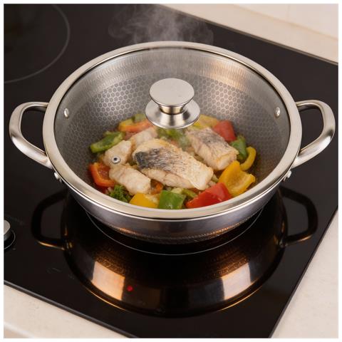 Wok 36 Cm Con Rivestimento A Nido D'ape E Coperchio Antigraffio, Argento - Foto 5