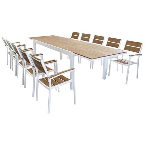 Set Tavolo Giardino Allungabile Rettangolare 200/300 X 100 Con 10 Poltrone In Alluminio Bianco E Polywood Da Esterno - Foto 1
