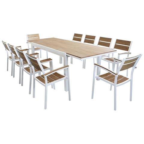 Set Tavolo Giardino Allungabile Rettangolare 200/300 X 100 Con 10 Poltrone In Alluminio Bianco E Polywood Da Esterno - Foto 4