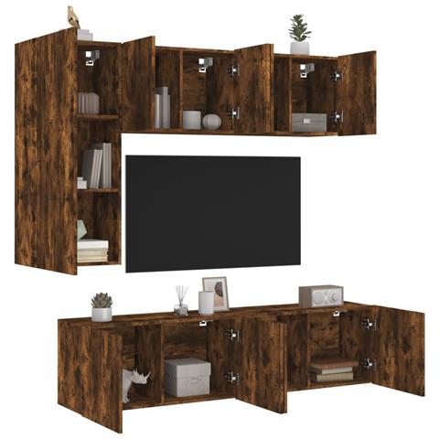 Mobili Tv A Muro 5pz Rovere Fumo In Legno Multistrato - Foto 1
