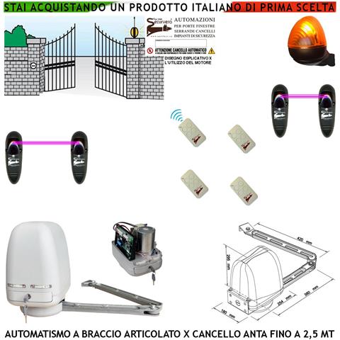 Automazione Cancello Kit Motore A Braccio Articolato 220/24 V Anta Battente Da 0,5 A 2,5 Mt Centrale 4 Radiocomandi Fa - Foto 1