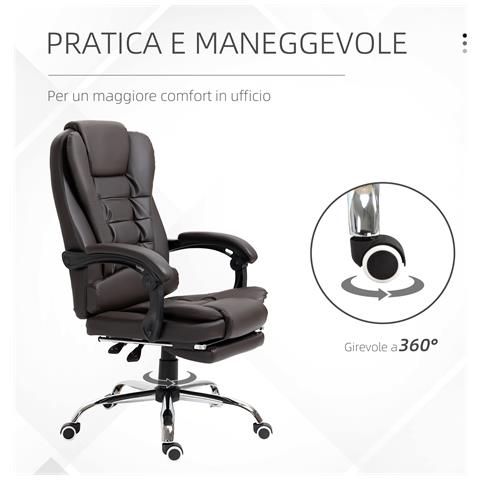 Poltrona da Ufficio Reclinabile in stile Presidenziale con Poggiapiedi, 64.5x69x109-117 cm, color Caffè - Foto 2