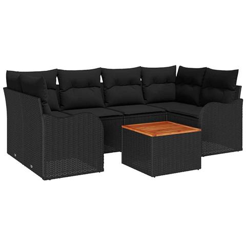 Set di divani da giardino  7 pezzi con cuscini Rattan nero, Divano da giardino 2 posti  con cuscini in polyrattan nero - Foto 1