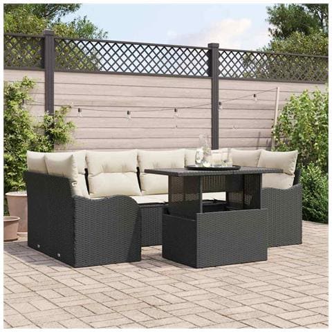 Set di Divani da Giardino da 7 Pezzi con Cuscini Nero Polirattan, Divano da Giardino per Due con Cuscini Nero Polirattan - Foto 2