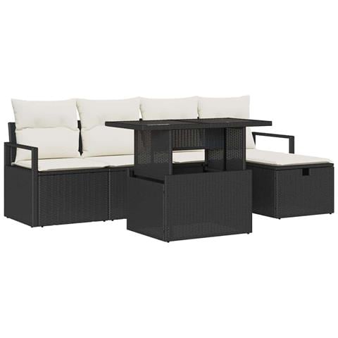 Set Divano da Giardino 6 Pezzi con Cuscini Nero Polyrattan, Divano da Giardino 2 Posti con Cuscini Nero Polyrattan - Foto 1