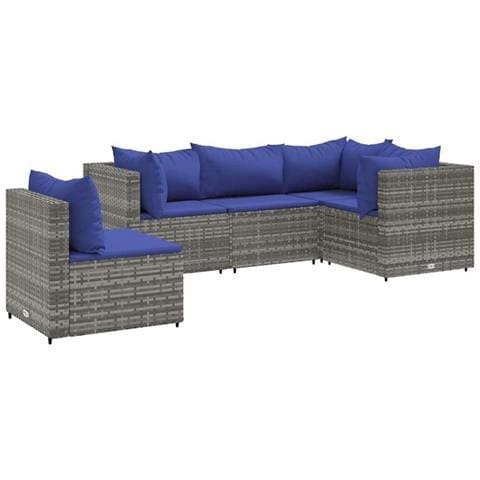 Set Divani da Giardino 5 pz con Cuscini in Polyrattan Grigio - Foto 1