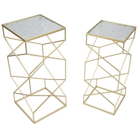 Coppia Tavolinetti Glassy Glam In Ferro Dorato E Vetro, Altezze Diverse - Foto 2