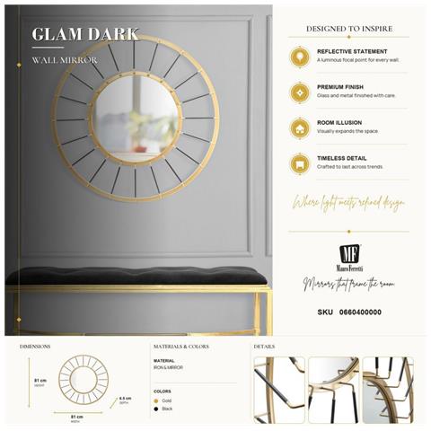 Specchio Da Parete Glam Dark In Ferro Oro E Nero - Foto 7