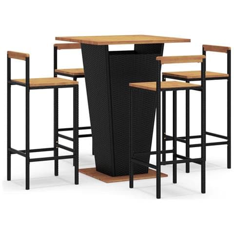 Set Bar Giardino 5 pz Nero Polyrattan e Legno Massello Acacia - Foto 1