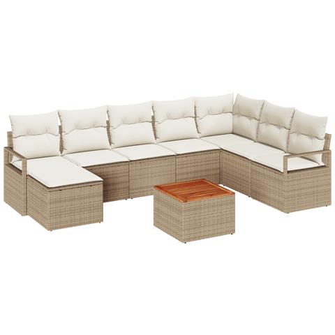Set divano da giardino  9 pezzi con cuscini Rattan polimerico beige Acacia, Divano da giardino  2 posti con cuscini Rattan polimerico beige - Foto 1