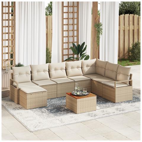 Set divano da giardino  9 pezzi con cuscini Rattan polimerico beige Acacia, Divano da giardino  2 posti con cuscini Rattan polimerico beige - Foto 2