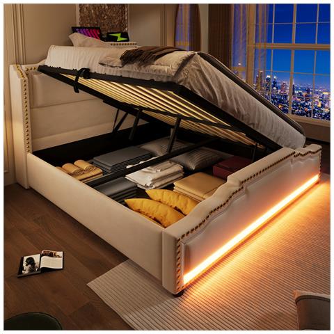 Letto Imbottito Idraulico 160x200cm, Letto Matrimoniale Con Illuminazione Led E Connessione Di Ricarica Usb-c, Letto Contenitore E Lettino Con Rete A Doghe, Velluto, Beige, Con Materasso - Foto 2