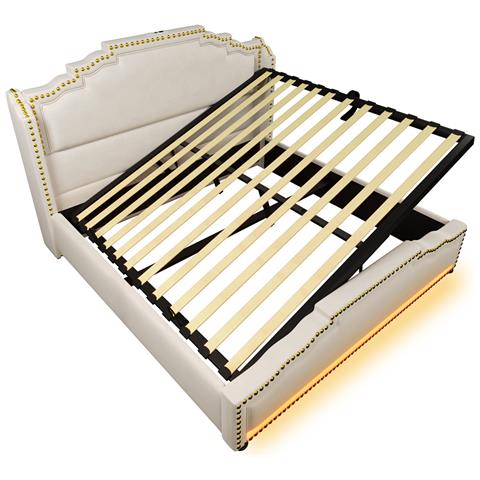 Letto Imbottito Idraulico 160x200cm, Letto Matrimoniale Con Illuminazione Led E Connessione Di Ricarica Usb-c, Letto Contenitore E Lettino Con Rete A Doghe, Velluto, Beige, Con Materasso - Foto 4
