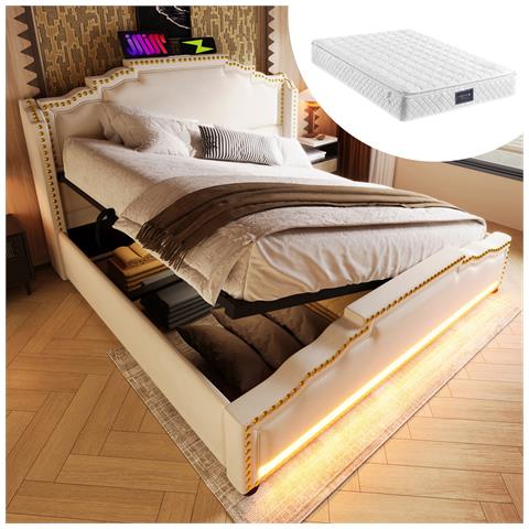 Letto Imbottito Idraulico 160x200cm, Letto Matrimoniale Con Illuminazione Led E Connessione Di Ricarica Usb-c, Letto Contenitore E Lettino Con Rete A Doghe, Velluto, Beige, Con Materasso - Foto 1