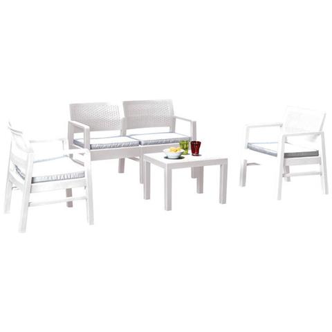 Set Salotto Da Esterno Carpi, Set Da Giardino Con 2 Poltrone, 1 Divano Ed 1 Tavolino, Salottino Effetto Rattan Con Cuscini, 100% Made In Italy, Bianco - Foto 2