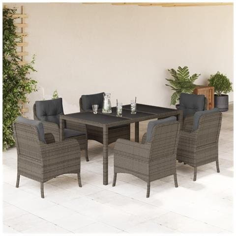 Set da Pranzo da Giardino 7 pz con Cuscini in Polyrattan Grigio - Foto 8