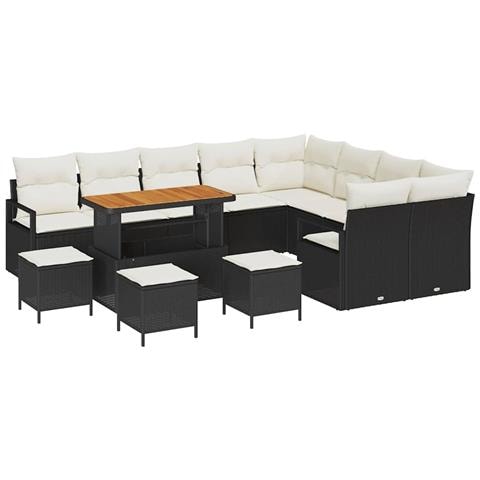 Set da Giardino in 13 Pezzi con Cuscini Polyrattan Nero Acacia, Set da Pranzo in 4 Pezzi con Cuscini Polyrattan Nero Acacia, Divano da Giardino a Due Posti con Cuscini Polyrattan Nero - Foto 1
