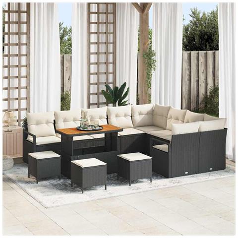 Set da Giardino in 13 Pezzi con Cuscini Polyrattan Nero Acacia, Set da Pranzo in 4 Pezzi con Cuscini Polyrattan Nero Acacia, Divano da Giardino a Due Posti con Cuscini Polyrattan Nero - Foto 2
