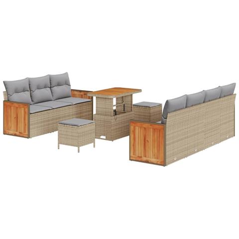 Set Divano Giardino  10 Pezzi con Cuscini Beige Polyrattan Acacia, Set da Pranzo Giardino  3 Pezzi con Cuscini Beige Polyrattan Acacia - Foto 1