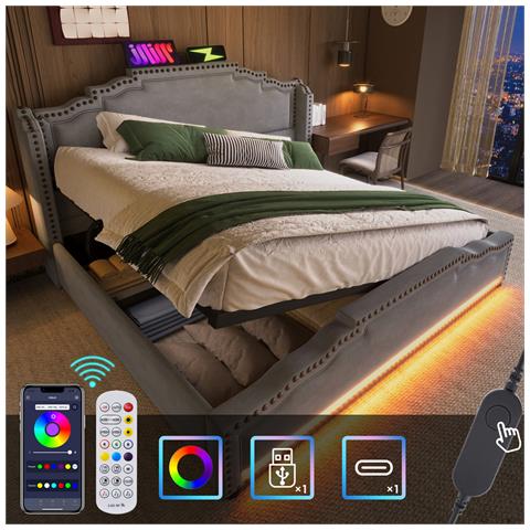 Letto Imbottito Idraulico 140x200cm, Letto Matrimoniale Con Illuminazione Led E Connessione Di Ricarica Usb-c, Letto Contenitore E Lettino Con Rete A Doghe, Velluto, Grigio, Con Materasso - Foto 2