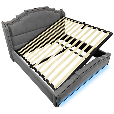 Letto Imbottito Idraulico 140x200cm, Letto Matrimoniale Con Illuminazione Led E Connessione Di Ricarica Usb-c, Letto Contenitore E Lettino Con Rete A Doghe, Velluto, Grigio, Con Materasso - Foto 4