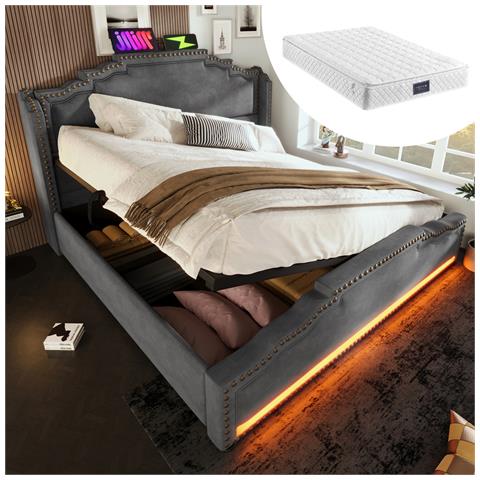 Letto Imbottito Idraulico 140x200cm, Letto Matrimoniale Con Illuminazione Led E Connessione Di Ricarica Usb-c, Letto Contenitore E Lettino Con Rete A Doghe, Velluto, Grigio, Con Materasso - Foto 1