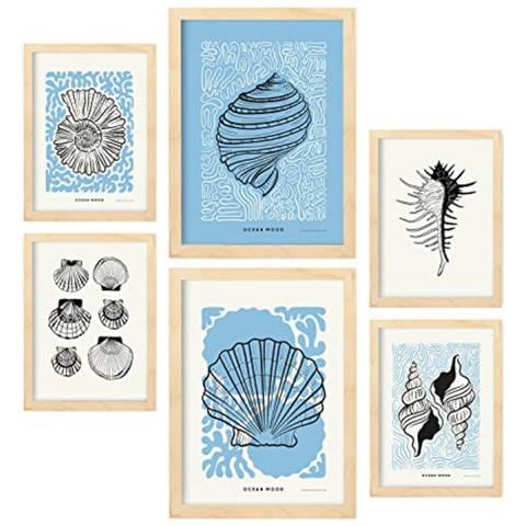 Set Di 6 Stampe Stampe Artistiche Di Iris Con Inchiostro Nero Raffiguranti Mare E Oceano Per L'interior Design A3 & A4 Telaio In Legno Chiaro - Foto 1