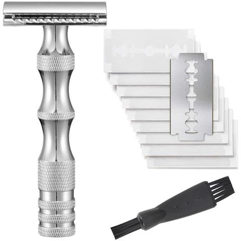 Kit Da Barba Vintage In Metallo Con Rasoio Di Sicurezza, 10 Lame E Spazzolino Per La Pulizia Silver - Foto 1