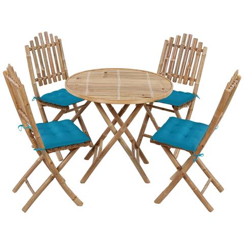 Set Da Pranzo Da Giardino 5 Pz Pieghevole Con Cuscini In Bambù - Foto 1