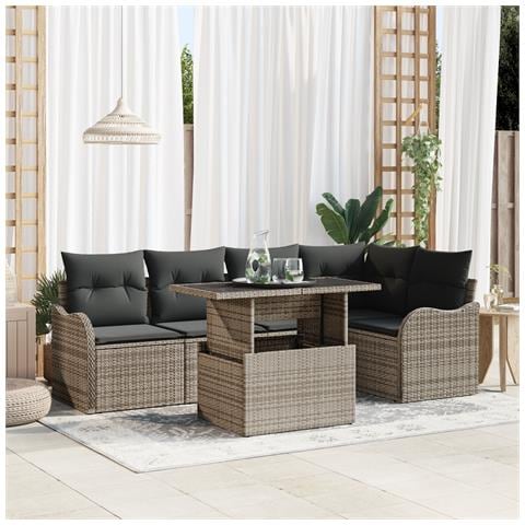 Set di divani da giardino  da 6 pezzi con cuscini in rattan poliestere grigio, Divano da giardino  da 2 posti con cuscini in rattan poliestere grigio - Foto 2