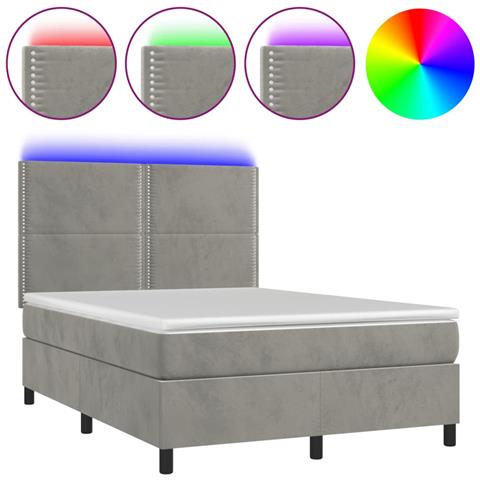 Letto a Molle Materasso e LED Grigio Chiaro 140x200 cm Velluto - Foto 1