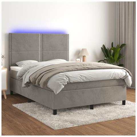Letto a Molle Materasso e LED Grigio Chiaro 140x200 cm Velluto - Foto 2