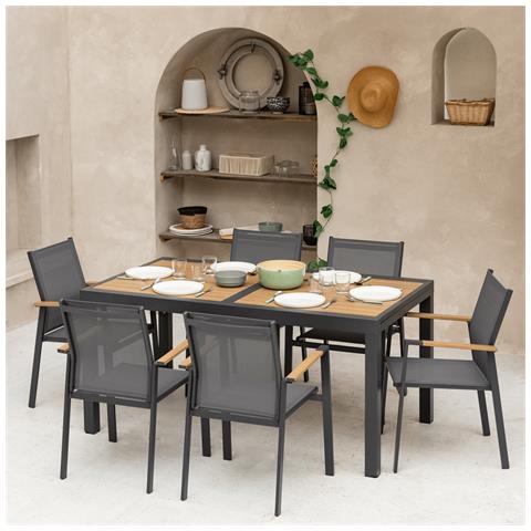 Set Di Mobili Da Giardino Allungabili In Textilene Grigio Palermo, 8 Posti - Alluminio Antracite Ed Effetto Legno - Foto 8