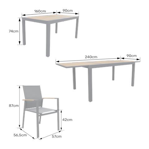 Set Di Mobili Da Giardino Allungabili In Textilene Grigio Palermo, 8 Posti - Alluminio Antracite Ed Effetto Legno - Foto 2