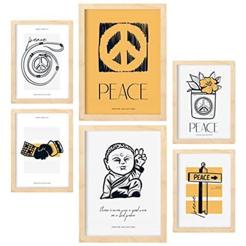 Set Di 6 Stampe Stampe Artistiche Con Simboli Della Pace In Inchiostro Nero Raffiguranti Mare E Oceano Per L'interior Design A3 & A4 Telaio In Legno Chiaro - Foto 1