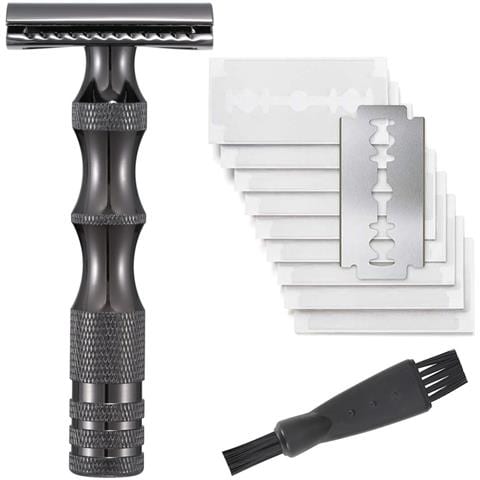 Kit Da Barba Vintage In Metallo Con Rasoio Di Sicurezza, 10 Lame E Spazzolino Per La Pulizia Black - Foto 1