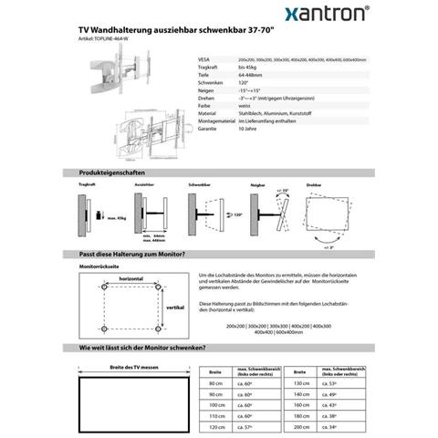 Supporto A Parete Bianco Per Monitor Tv 37-70"" Completamente Mobile, Estensibile, Orientabile, Orientabile, Inclinabile, Ruotabile, Ultrapiatto, Topline-464-w - Foto 3