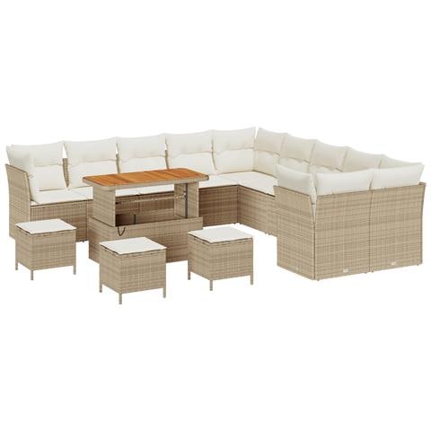 Set da giardino in 14 pezzi con cuscini Beige in polyrattan e acacia,  Set da pranzo in 4 pezzi con cuscini Beige in polyrattan e acacia - Foto 1