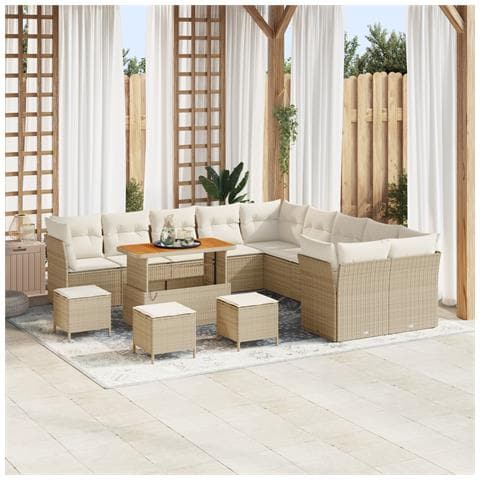Set da giardino in 14 pezzi con cuscini Beige in polyrattan e acacia,  Set da pranzo in 4 pezzi con cuscini Beige in polyrattan e acacia - Foto 2