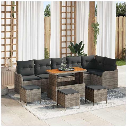 Set Divano Giardino  10 Pezzi con Cuscini Grigio Polyrattan Acacia, Set Divano Giardino  2 Posti con Cuscini Grigio Polyrattan, Set Pranzo Giardino  4 Pezzi con Cuscini Grigio Polyrattan Acacia - Foto 2