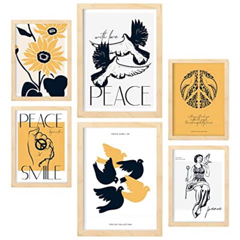Set Di 6 Stampe Stampe Artistiche Di Colombe Della Pace In Inchiostro Nero Raffiguranti Mare E Oceano Per L'interior Design A3 & A4 Telaio In Legno Chiaro - Foto 1