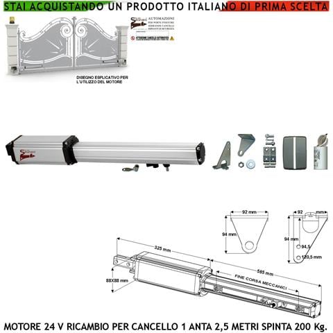 Motore Elettromeccanico Attuatore 24 Vcc Corsa 400 Mm Ricambio Cancello Automatico Anta 2,5 Metri Sblocco A Chiave Ric - Foto 1