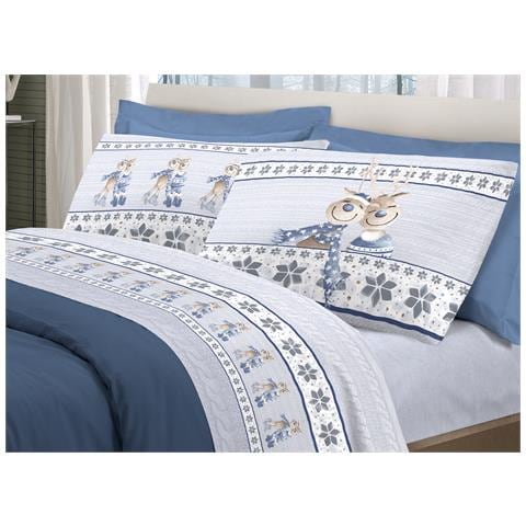 Completo Lenzuola Linea Pensieri Delicati 100% Cotone Disegno Renna Piazza E Mezza Blu - Foto 1