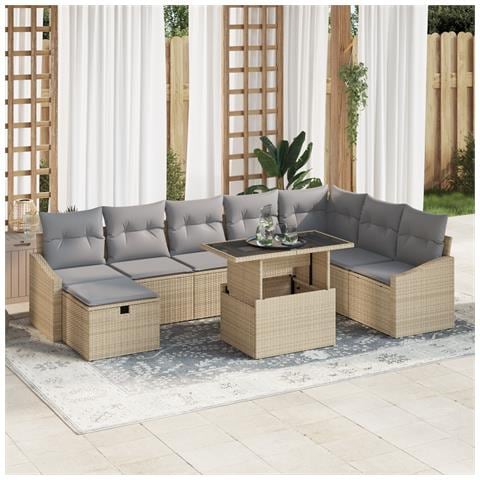 Set di Sofà da Giardino 9 Pezzi con Cuscini Beige Rattan Sintetico - Foto 2