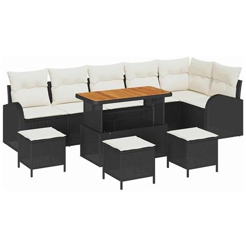 Set divano giardino  10 pezzi con cuscini in polyrattan nero e acacia, Divano giardino  2 posti con cuscini in polyrattan nero, Set pranzo giardino  4 pezzi con cuscini in polyrattan nero e acacia - Foto 1