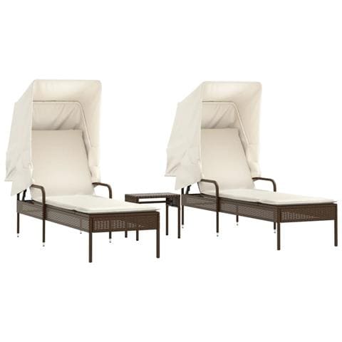 Lettini Prendisole 2 pz con Baldacchino e Tavolino Polyrattan - Foto 1