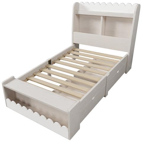Letto Per Bambini 90x190 Cm, Letto Contenitore Con Cassetti, Ripiano E Panca, Struttura Letto In Legno E Rete A Doghe, Legno Massiccio+mdf, Bianco Con Colore Rovere, Senza Materasso - Foto 2
